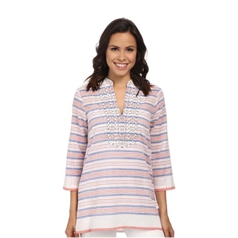 Michael Kors Beaded Striped 100% Cotton Tunic Top Womens S Blue Red